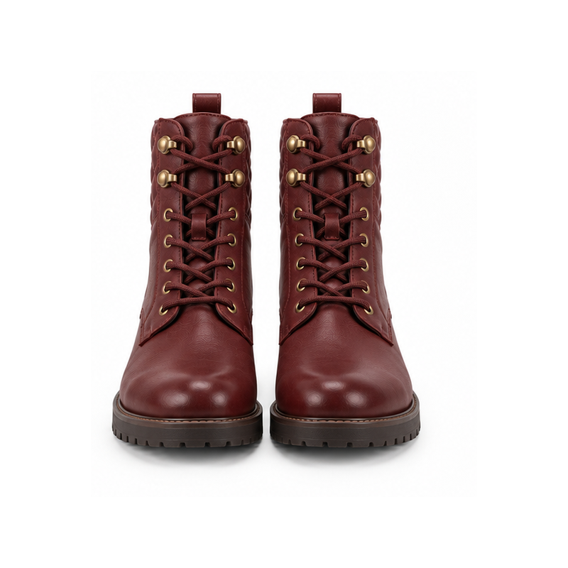 Women's Burgundy Quilted Lace-Up Ankle Boots